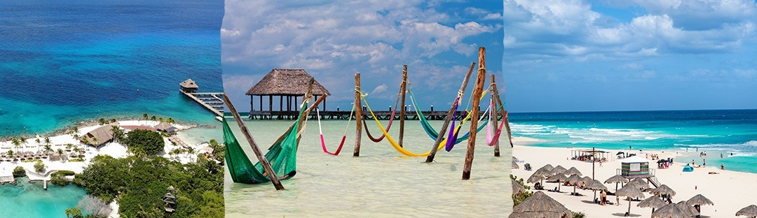 Collage de vistas panorámicas de diferentes playas en la península de Yucatan. 