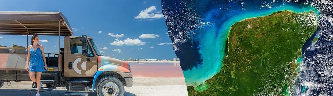 Mujer recargada en camión de Safari tour Las Coloradas e imagen ilustrativa de península Yucatán.